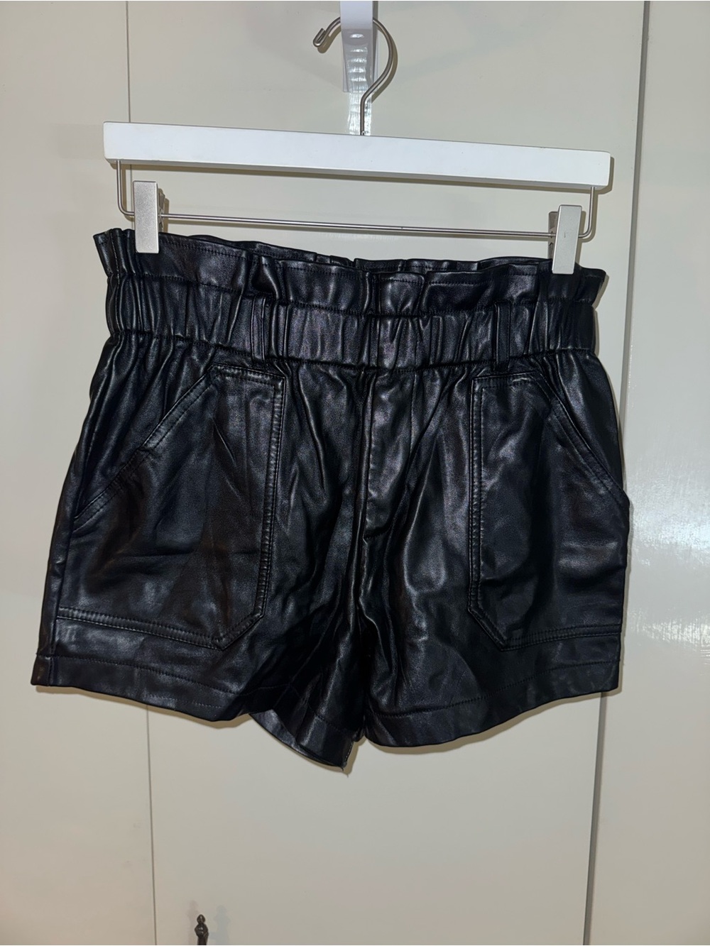 Haute Monde Black Faux Leather High-Waist Paperbag Shorts